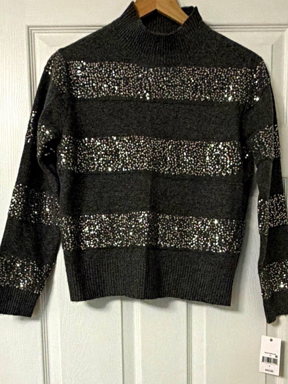 NWT Dark Gray Sequin Stripe Mock Neck Sweater